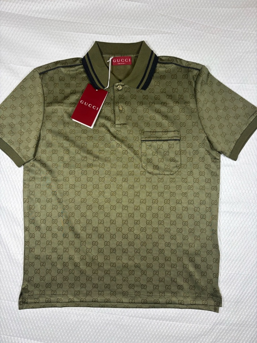 GUCCI MEN'S GG MONOGRAM JACQUARD POLO SHIRT GREEN LARGE REGULAR FIT